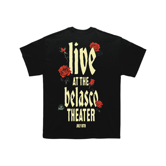 Black t-shirt with red roses and the text 'live at the belasco theater' printed on the front.