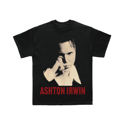 Black t-shirt with a portrait of Ashton Irwin in white and red print.