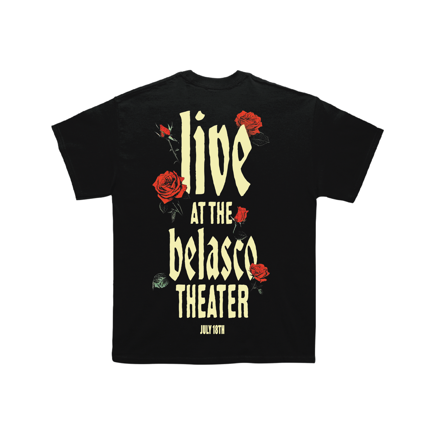 Black t-shirt with red roses and the text 'live at the belasco theater' printed on the front.