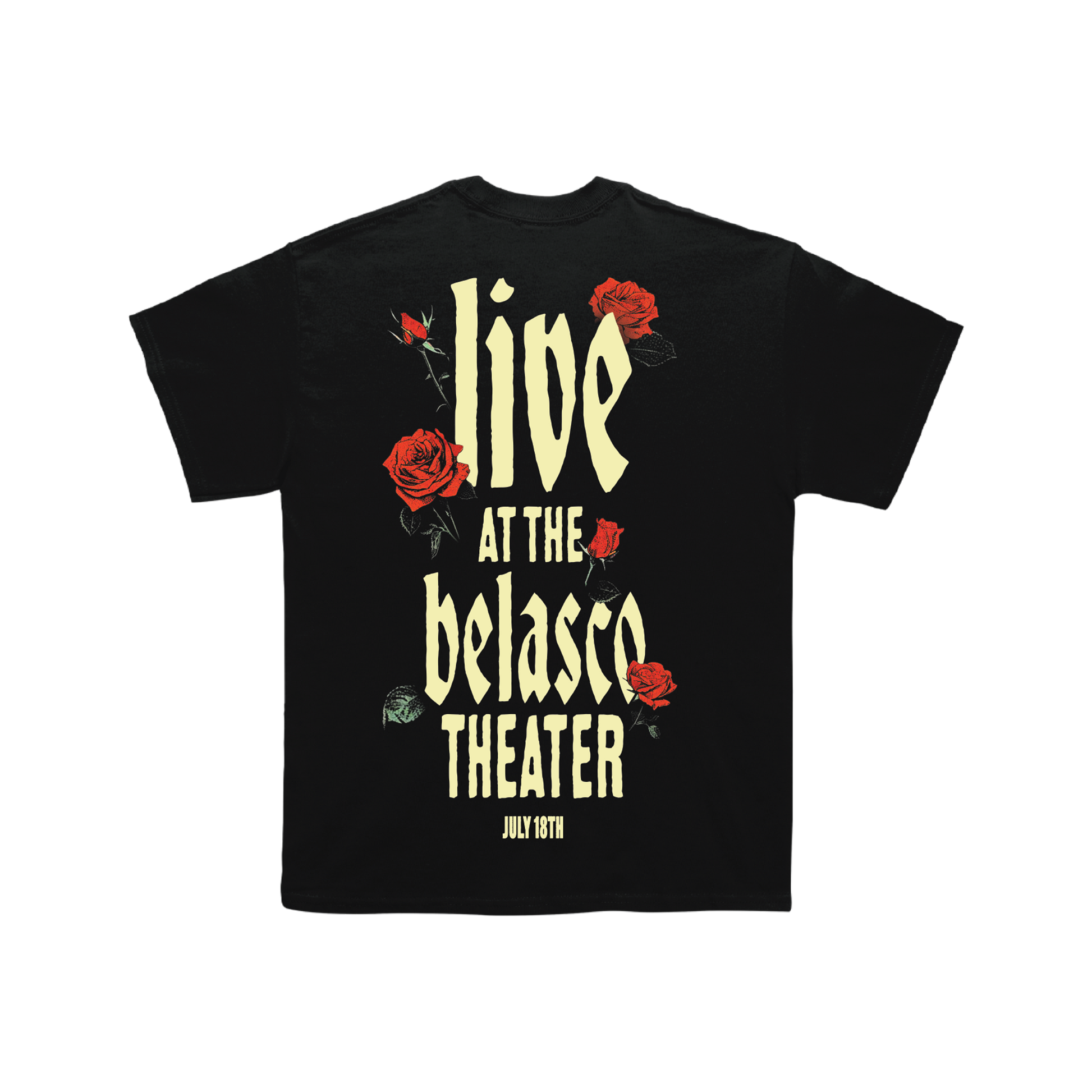 Black t-shirt with red roses and the text 'live at the belasco theater' printed on the front.