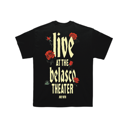 Black t-shirt with red roses and the text 'live at the belasco theater' printed on the front.