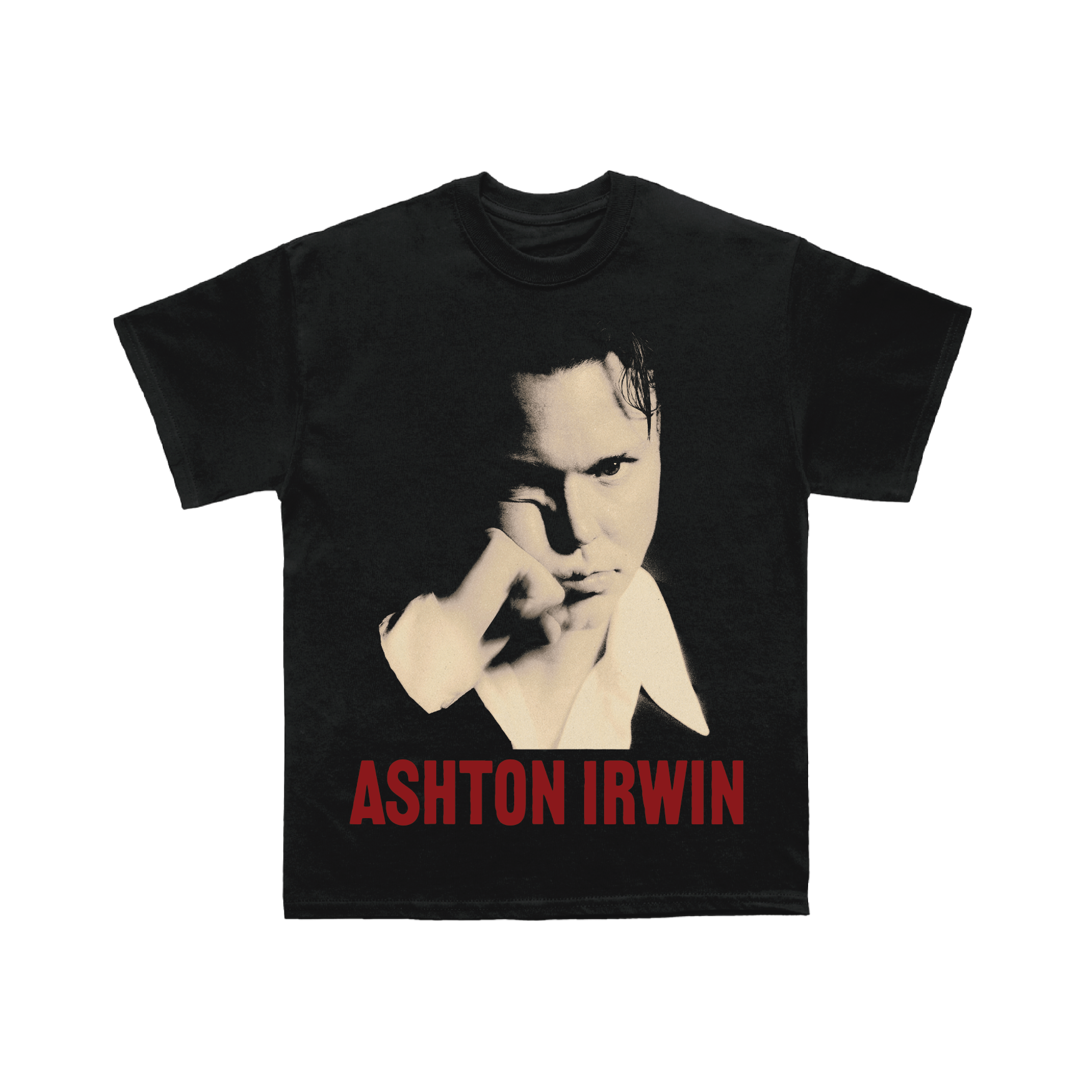Black t-shirt with a portrait of Ashton Irwin in white and red print.